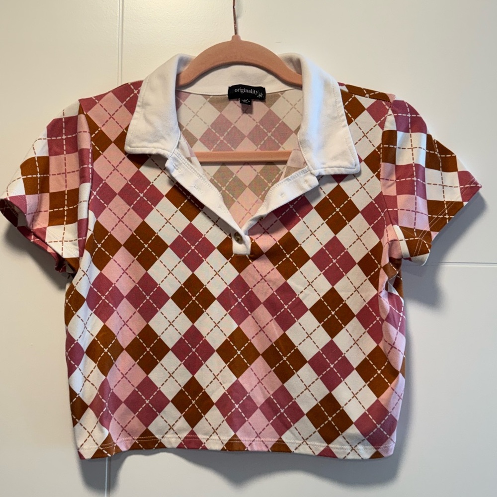Originality-Dry Goods Argyle Polo Crop Top - Pink and Brown
